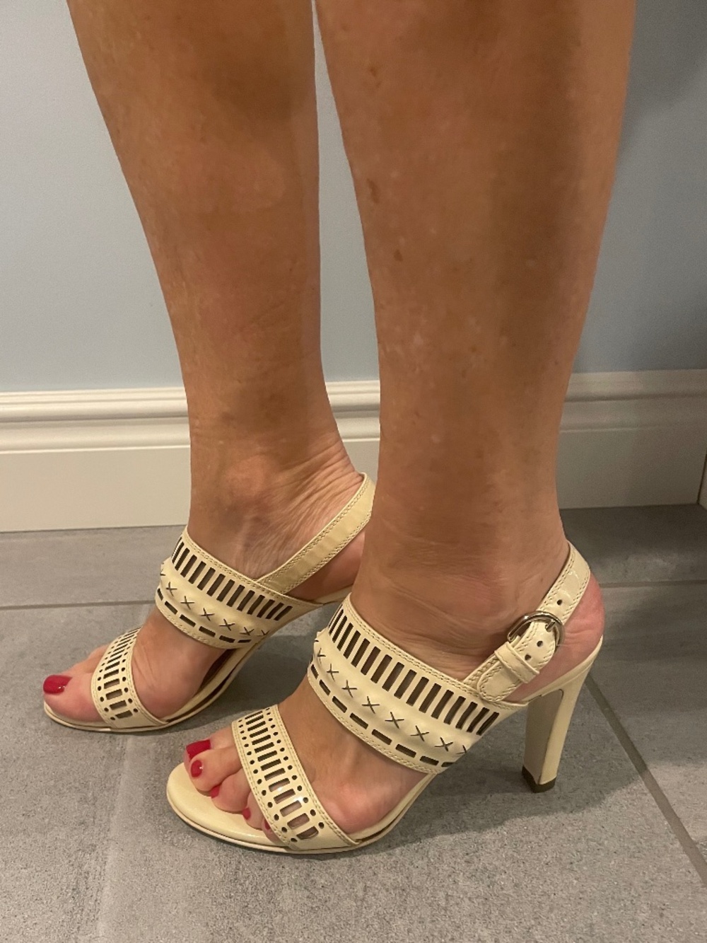 Worn SERGIO ROSSI Off White Patent Heels